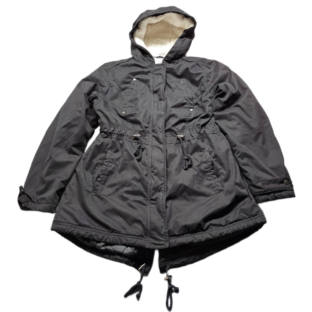 American Rag Cie Utility Parka Womens Jacket Medium Black Sherpa Lined Hooded